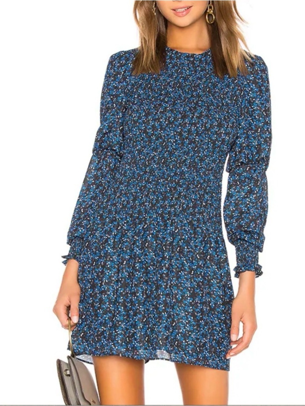 PARKER LILY Jasmine Blue Floral Smocked Long-Sleeve Mini Dress